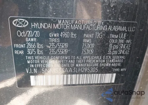 2020 Hyundai Santa Fe Sel 2.0T from USA, damaged, VIN 5NMS33AA3LH295205